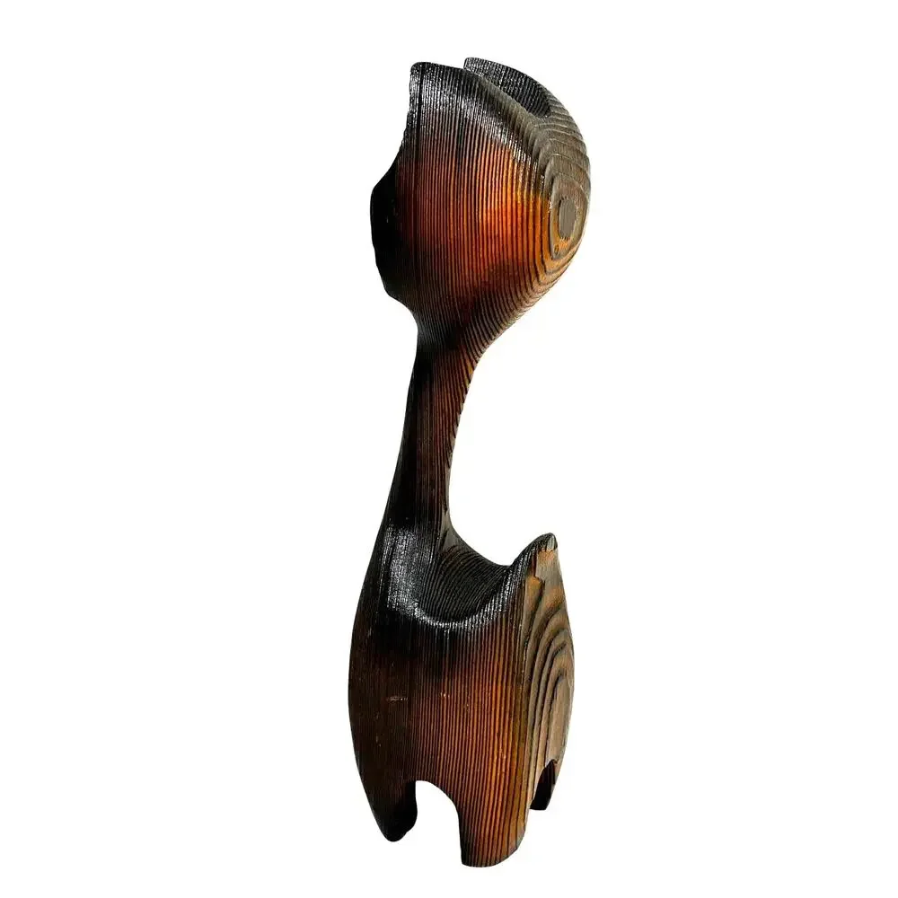 Unique vintage carved wood cat figurine 1970's dark brown textured wood grain